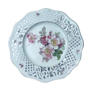 Schumann - Bavaria Dinner Plate 11" Pink Roses, Pierced Rim, Scalloped 1950s VTG